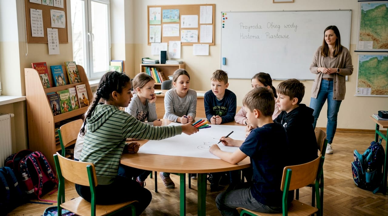 Dzieci wspólnie pracujące przy stoliku w klasie