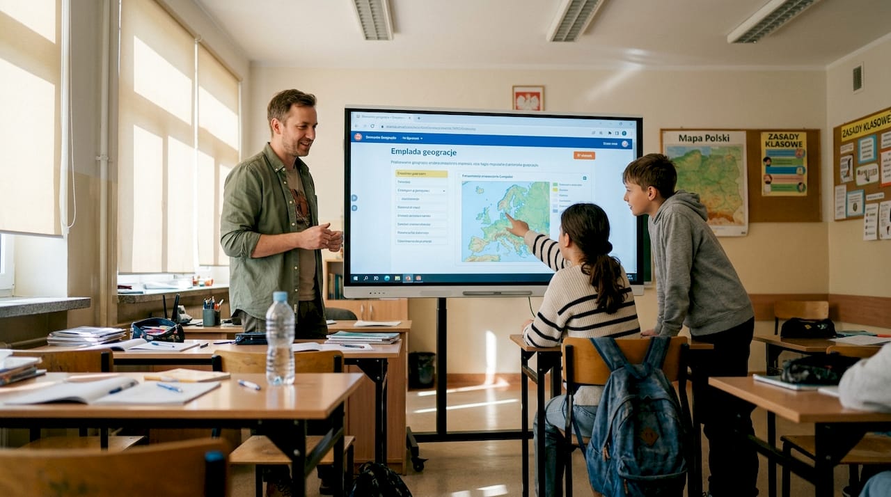 Nauczyciel prowadzi lekcję z uczniami, korzystając z tablicy multimedialnej.