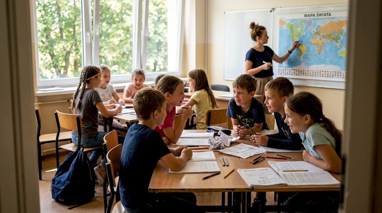 Klasa w szkole podstawowej, w której uczą się dzieci z różnych krajów.