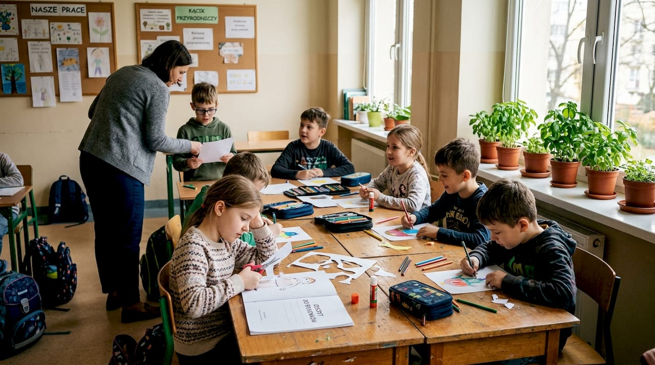 Dzieci skupione nad zadaniem podczas zajęć w kameralnej klasie