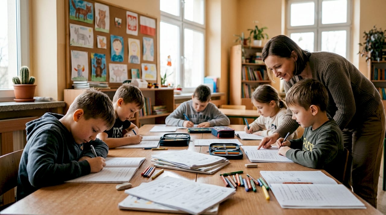 Dzieci razem zdobywają wiedzę, siedząc przy szkolnej ławce.