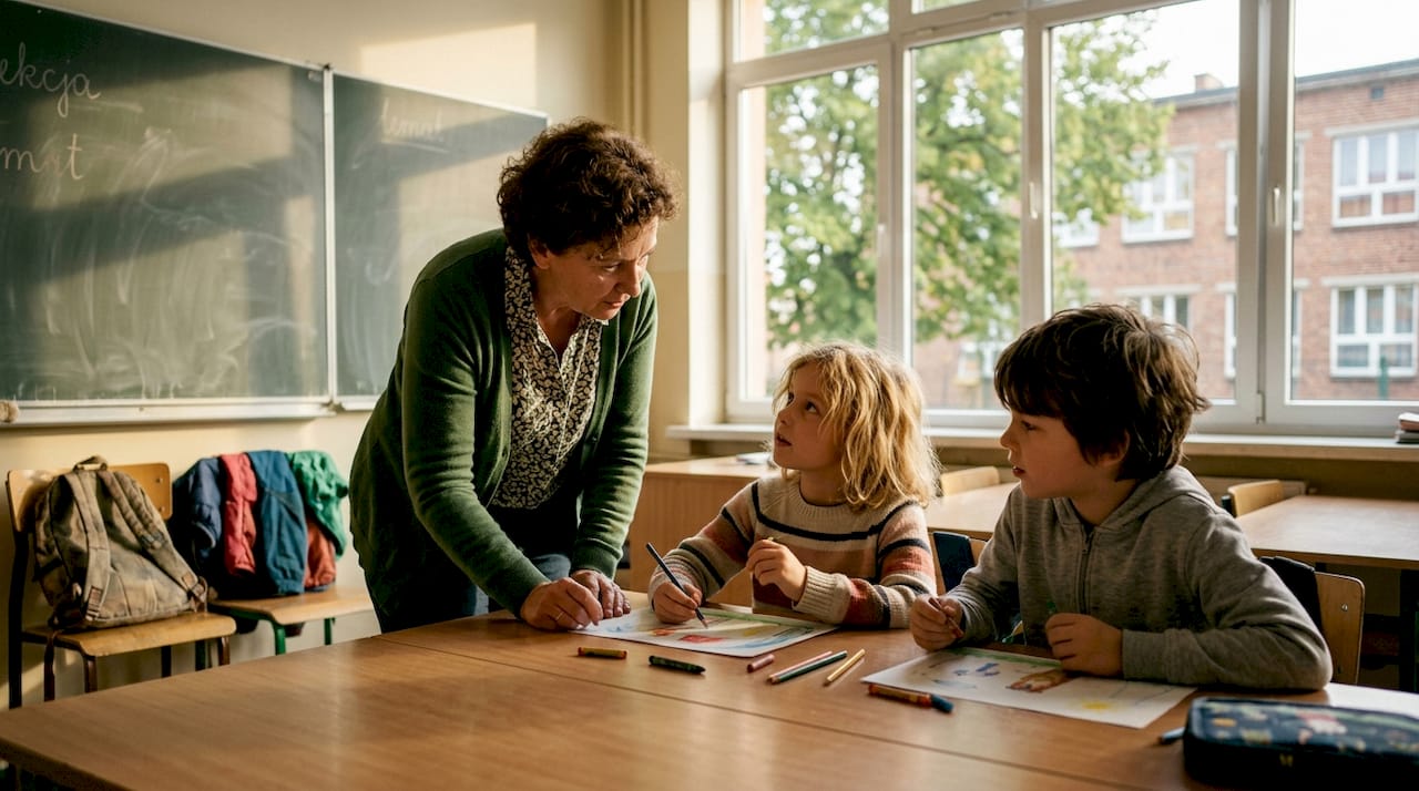 Pani nauczycielka wspiera dzieci podczas pracy przy stoliku.