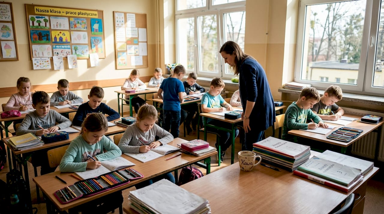 Dzieci zdobywają wiedzę w kolorowej, pełnej radości sali lekcyjnej.