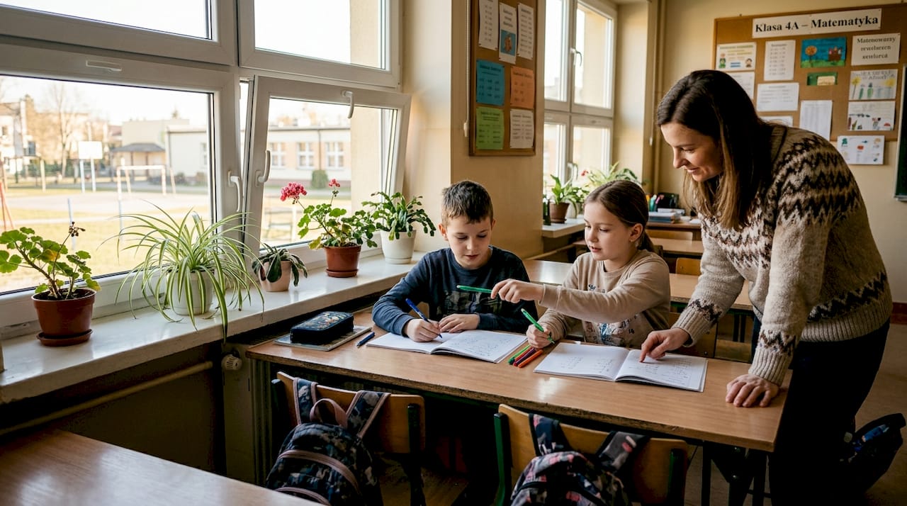 Uczniowie w klasie dwujęzycznej wspólnie rozwiązują zadanie