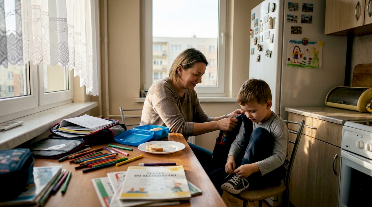 Mama szykuje z dzieckiem plecak na szkołę, pomagając mu spakować potrzebne rzeczy.
