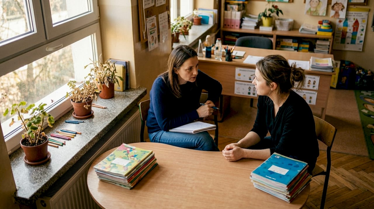 Mama rozmawia z wychowawczynią w klasie.