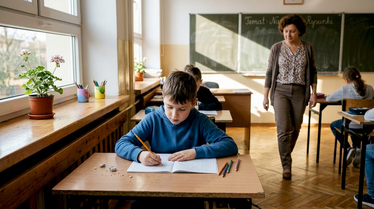 Kiedy nie ma dzwonka, uczeń spokojnie szkicuje coś w zeszycie podczas lekcji.