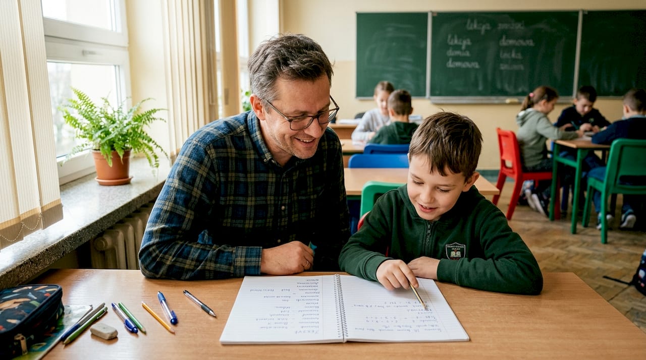 Mentor wspiera ucznia podczas pracy przy biurku, udzielając mu wskazówek i pomagając rozwiązywać trudności.