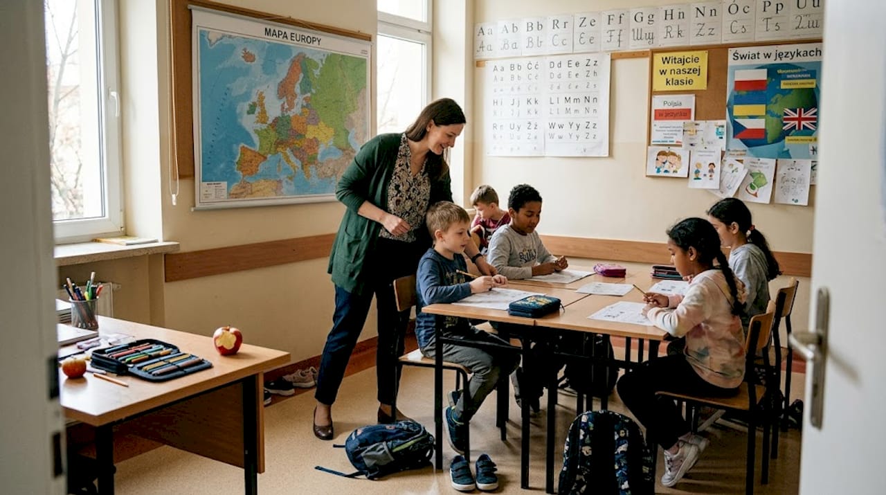 Nauczycielka prowadząca zajęcia z uczniami pochodzącymi z różnych środowisk kulturowych
