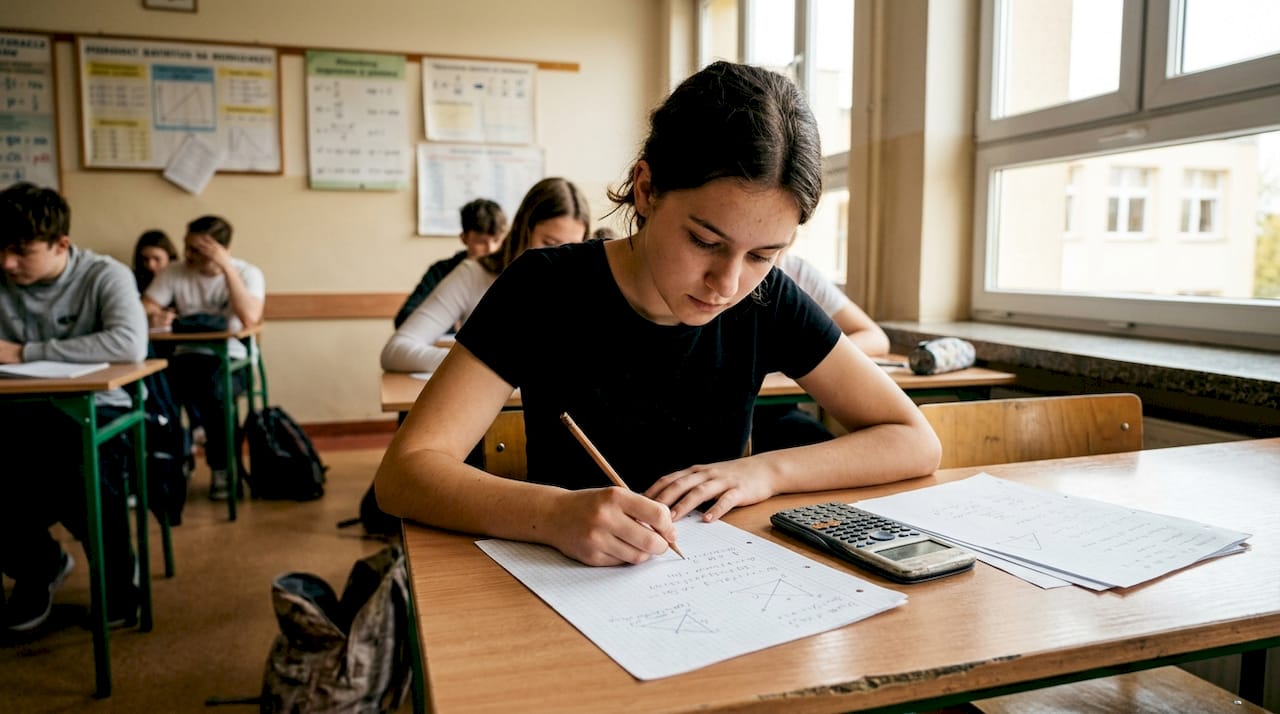 Uczeń skupiony nad rozwiązywaniem zadań matematycznych w cichej klasie.