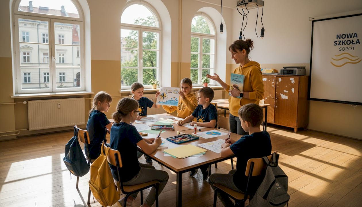 Dzieci wspólnie pracujące w międzynarodowej klasie, uczące się od siebie nawzajem i nawiązujące przyjaźnie bez względu na różnice kulturowe.