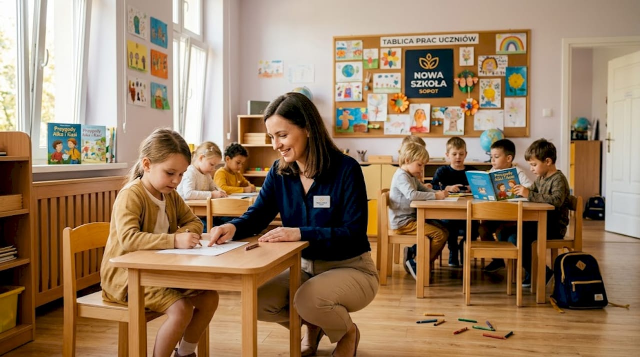 Nauczycielka wspiera dzieci podczas zajęć w jasnej, kameralnej sali.