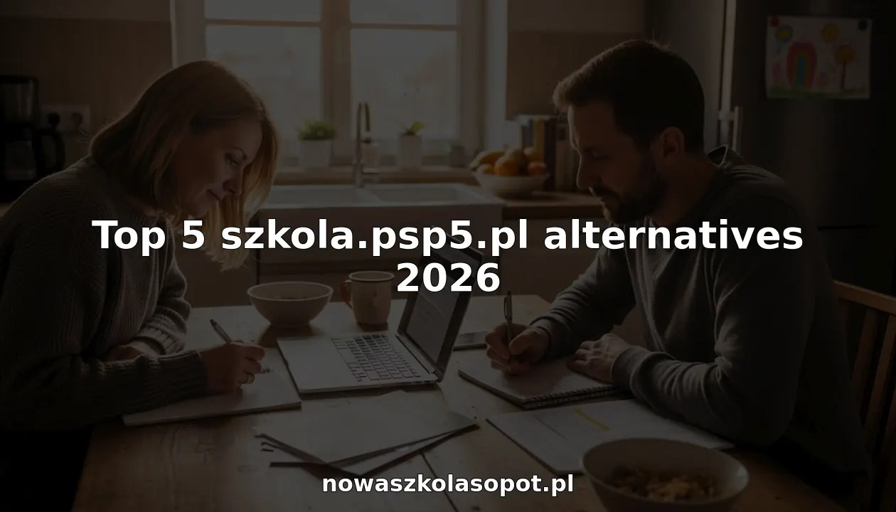 Rodzice siedzący przy zagraconym kuchennym stole, porównujący oferty różnych szkół dla swojego dziecka.