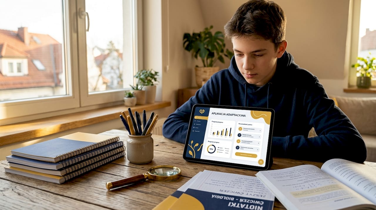 Uczeń korzysta z tabletu, aby uczyć się w sposób dostosowany do własnych potrzeb.