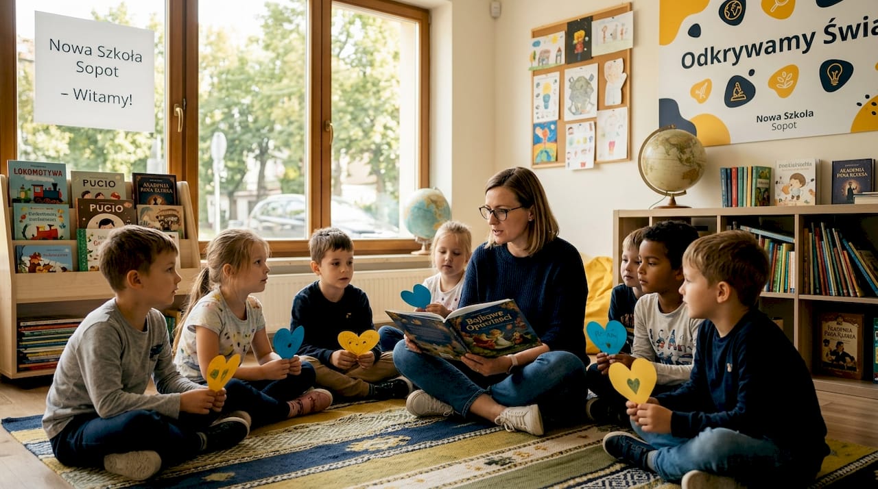 Nauczycielka czyta dzieciom książkę, a one siedzą razem na dywanie w klasie.