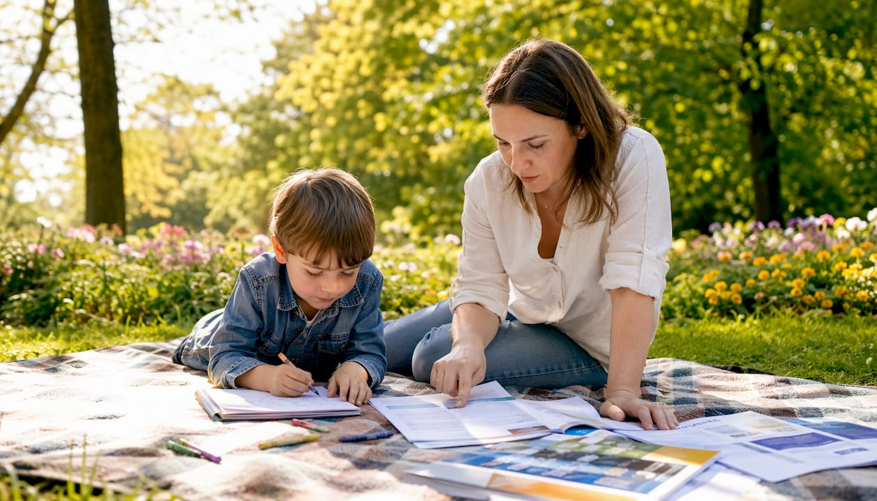 Mama lub tata wspólnie z dzieckiem zapoznają się z papierami potrzebnymi do zapisania się do szkoły.