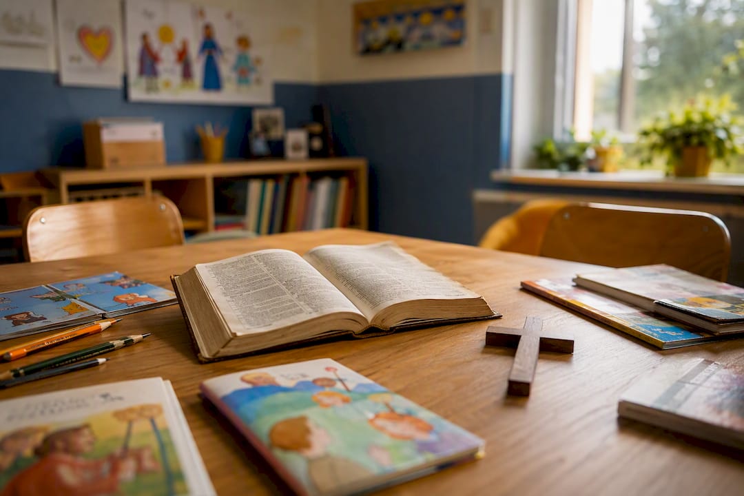 Na szkolnej ławce leżą Biblia oraz krzyż.