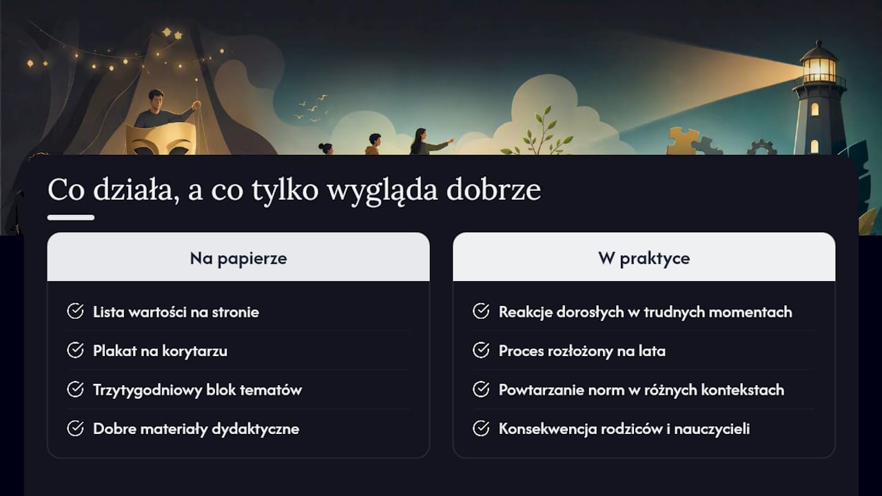 Co naprawdę działa w wychowaniu do wartości, a co tylko wygląda dobrze na papierze — overview diagram