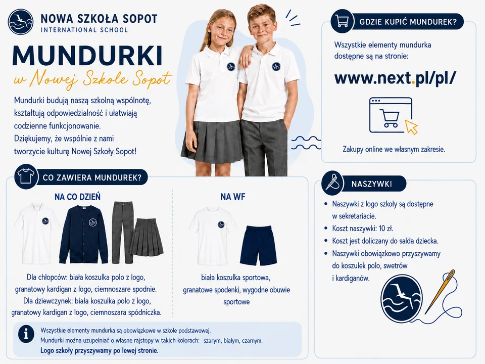 Infografika przedstawiająca zasady dotyczące mundurków w Nowej Szkole Sopot