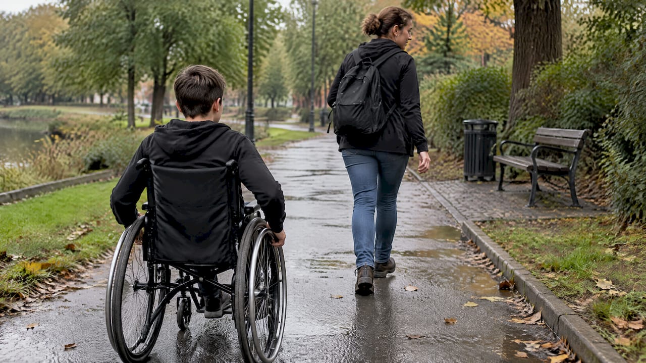 Uczeń na wózku inwalidzkim sprawdza dostępną trasę