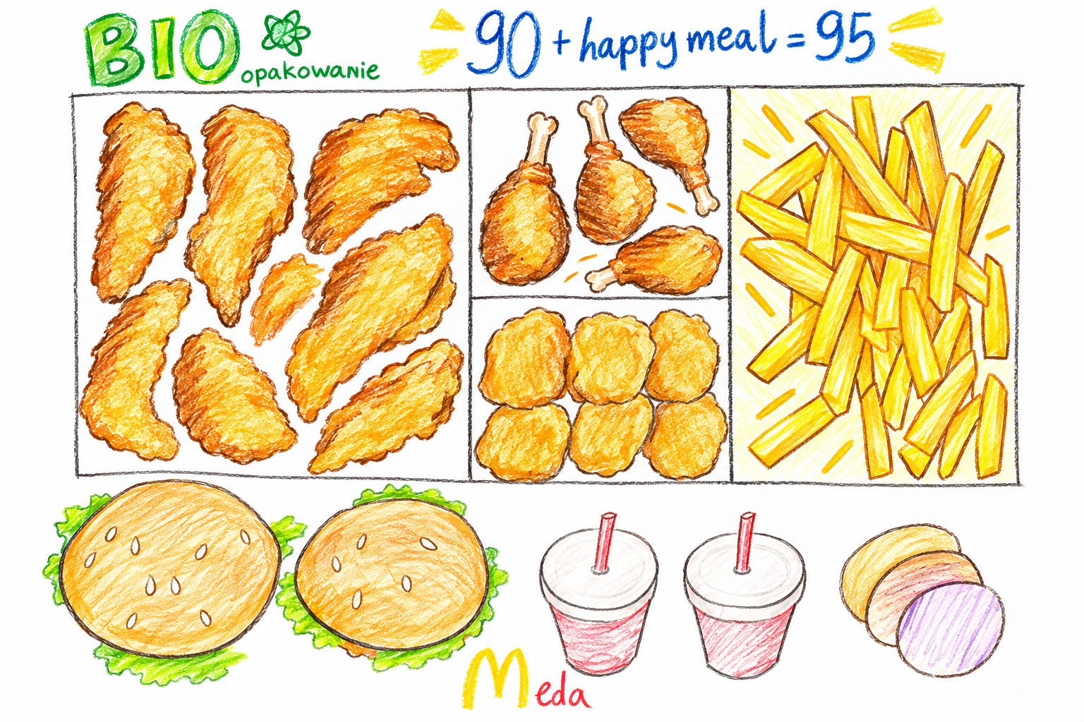 Uczniowski projekt zestawu fast food z ceną i oznaczeniem BIO opakowania